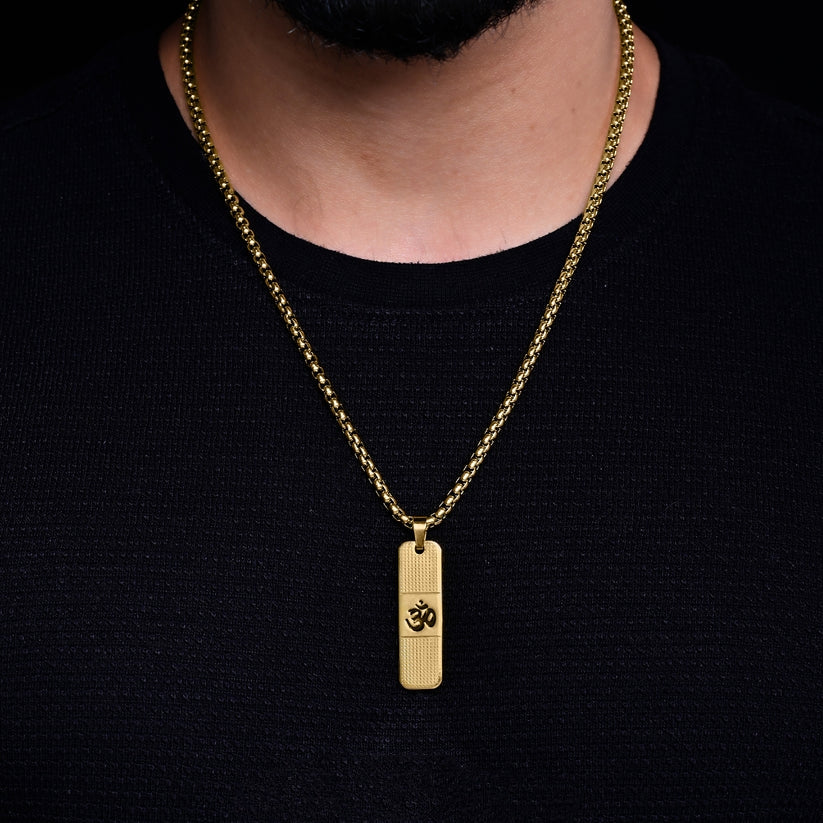 Om Pendant With Dotted Pattern Gold Stainless Steel Necklace Chain For Men (24 Inch)