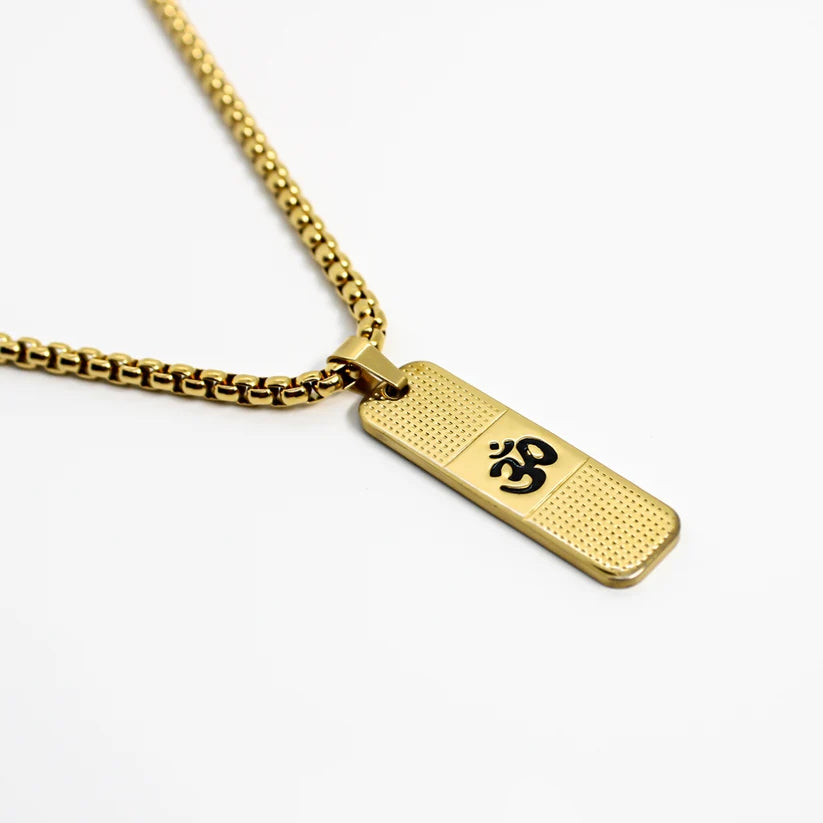 Om Pendant With Dotted Pattern Gold Stainless Steel Necklace Chain For Men (24 Inch)