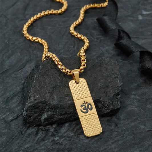 Om Pendant With Dotted Pattern Gold Stainless Steel Necklace Chain For Men (24 Inch)