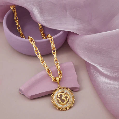 Gold Plated Chain With Round Om Diamond Pendant